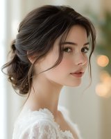 Young woman with dark hair in elegant updo and natural makeup wearing white lace dress, soft bokeh background creates romantic atmosphere for bridal portraits.