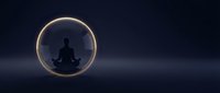 Silhouette of person meditating in lotus position within glowing golden circle on dark background, representing mindfulness, inner peace, and spiritual wellness practice.