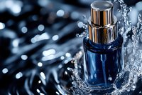 Luxury blue perfume bottle with golden cap surrounded by dynamic water splash on dark background with bokeh lights for cosmetic advertising.