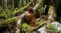 Vintage amber glass bottle nestled among moss-covered logs and ferns in enchanted forest setting for natural product branding and herbal medicine concepts.