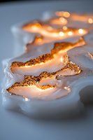 Macro shot of white agate crystal with golden edges glowing in soft light, revealing natural mineral patterns and textures. Elegant abstract composition for luxury decor.
