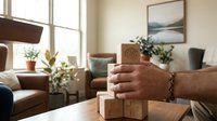 Man's hands stacking wooden blocks with geometric patterns in bright modern living room interior with plants and natural light streaming through windows.