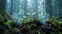 Young plant sprouting from soil with glowing neon wellness icons including dumbbell and meditation pose, representing sustainable health, eco-friendly fitness and nature-based wellness practices.
