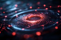 Abstract spiral pattern with glowing red lights and bokeh effects on dark background creates futuristic technological atmosphere for digital art and tech concepts.