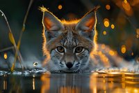 Wild lynx drinking water at sunset with golden bokeh lights reflecting on surface, close up portrait of predator cat in natural environment.
