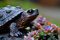 Close-up macro shot of wood turtle among pink and purple succulent plants, showing detailed texture of shell and head with natural bokeh background.
