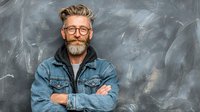 Confident middle-aged Caucasian man with beard and glasses in denim jacket against textured gray background for professional business content.