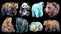 Watercolor bear clipart set with grizzly, panda, polar, and black bears isolated on transparent background, ready for stickers, t-shirt design, and print on demand.