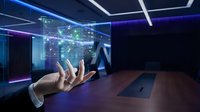 Businessman hand interacting with holographic digital interface displaying data visualization and network connections in modern tech environment for business solutions.