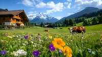 Scenic alpine meadow with grazing cows and traditional wooden chalet against snow-capped mountain peaks, wildflowers blooming in foreground under blue summer sky.