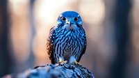 Small blue falcon with striped plumage perched on branch against blurred forest background. Wildlife photography showcasing raptor bird in natural habitat.