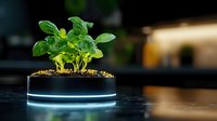 Fresh basil plant growing in modern planter with glowing LED light strip, dark background with bokeh effect creates futuristic indoor gardening atmosphere.