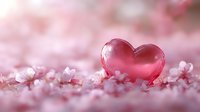 Pink glass heart on soft pink flower petals with romantic bokeh background for Valentine's Day and love themed designs.