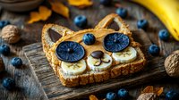 Fun cat-shaped sandwich with banana slices and blueberries on rustic wooden board. Creative healthy breakfast for kids featuring whole grain toast and fruit.