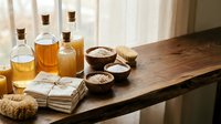 Natural spa wellness setup with essential oils bottles, sea salt scrubs, wooden bowls and handmade soap bars on rustic wood table for relaxation therapy.
