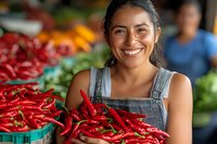 Young Hispanic woman farmer holding fresh red chili peppers at local farmers market, displaying organic produce with genuine smile, wearing denim overalls.