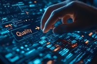Hand reaching to touch glowing quality text on digital interface with futuristic blue technology background showing data analytics and business metrics.