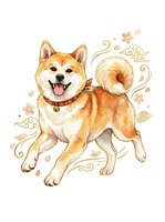 Happy Shiba Inu dog with fluffy tail and decorative floral elements on white background, isolated clipart for apparel and design projects.