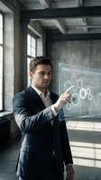 Professional businessman interacting with futuristic holographic interface displaying gear mechanisms in modern industrial office space.