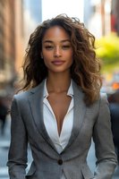 Young African American businesswoman with curly hair wearing grey blazer and white shirt, confident smile outdoors in urban setting. Professional portrait for corporate use.