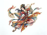 Illustrated female figure in flowing ornamental robes with intricate patterned ribbons and fabrics in warm tones, isolated on white background for design applications.