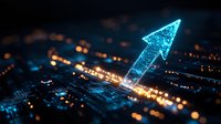 Glowing digital arrow rises from circuit board with bokeh lights, representing technological growth and advancement in computing power and digital transformation.