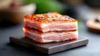 Crispy pork belly with golden crackling skin layered with tender meat and fat, served on dark stone board. Close up view of traditional Asian cuisine.