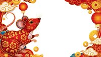 Chinese New Year rat zodiac animal with traditional red gold decorations, lanterns and coins creating festive border frame for holiday celebrations.