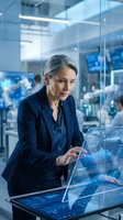 Mature woman, Caucasian ethnicity, wearing dark navy blazer, interacting with digital holographic display showing data analytics and financial charts in modern glass office environment with blurred colleagues in background.