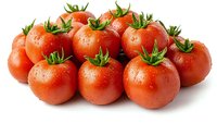 Fresh ripe red tomatoes with water drops and green stems arranged in group on white background, isolated healthy organic vegetables for cooking.
