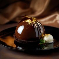 Luxurious chocolate dome dessert with gold leaf decoration, dark chocolate base, and vanilla ice cream sphere garnished with fresh mint on black plate. Dark moody background.