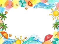 Watercolor summer vacation frame with beach umbrellas, palm trees, waves, sun and seashells on white background for tropical holiday designs.