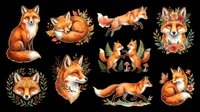 Watercolor red fox clipart set with eight poses, isolated on transparent background, ready for stickers, t-shirt design, print on demand, and sublimation projects.