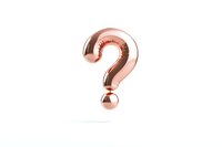 Metallic rose gold question mark symbol floating on white background, representing curiosity, inquiry, or problem-solving concept.