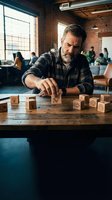 Middle-aged Caucasian male entrepreneur arranging wooden blocks with business icons in modern loft office. Concept for strategy, planning, and startup development with team collaborating in background.