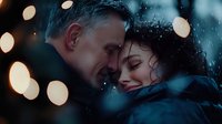 Romantic couple embracing in rain at night with bokeh lights creating magical atmosphere. Close up portrait showing intimate emotional connection and tender moment.