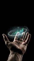 Open palm of a male hand holding glowing financial growth chart with green ascending bars and digital network elements against black background for business analytics and investment concepts.