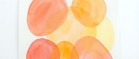 Abstract watercolor circles in warm coral, orange and yellow tones overlapping on white background creating modern minimalist art composition for contemporary decor.