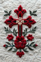 Ornate red floral embroidery with green leaves on textured white fabric background. Traditional decorative needlework pattern for textile design projects.