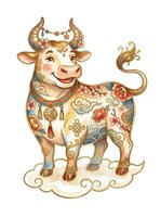 Ornate cow with golden horns and floral patterns standing on decorative clouds, isolated on white background for design, clipart, and merchandise applications.