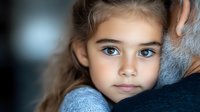Young girl with striking blue eyes and long brown hair resting head on parent's shoulder, soft lighting creates intimate mood in emotional family portrait.
