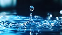 Water drop splash creating crown shape with concentric ripples on blue surface, frozen moment of liquid impact captured in high speed macro photography.