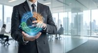 Professional businessman in suit presenting circular PDCA plan do check act cycle diagram in modern office environment for business process improvement.
