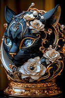 Ornate venetian cat mask decorated with white roses, pearls and golden filigree details on antique bronze stand. Crystal blue eyes and baroque style elements.