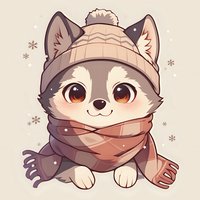 Adorable cartoon wolf cub wearing winter knit hat and warm scarf with snowflakes on beige background, kawaii style illustration for children design.