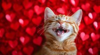 Laughing ginger cat on red heart bokeh background, showing teeth and expressing joy. Valentine's day or love concept for greeting cards and social media.