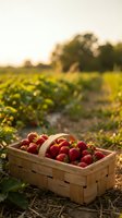 Fresh ripe strawberries in wooden basket at organic farm during golden hour harvest time with blurred plantation rows and warm sunset lighting.