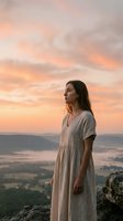 Woman in light linen dress standing on rocky cliff overlooking misty valley at golden hour sunrise or sunset. Contemplative portrait for lifestyle and travel content.