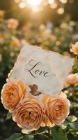 Vintage love note with wax seal nestled among blooming peach roses in golden sunset light, evoking romance and elegance.