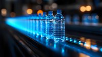 Plastic water bottles illuminated by blue LED lights creating dramatic perspective line. Dark background with bokeh effects adds depth and atmosphere.